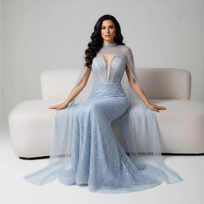Luxury Evening Dress Nude Pearls Beaded Gown With Tulle Train LA72189A - SERENE  HILL