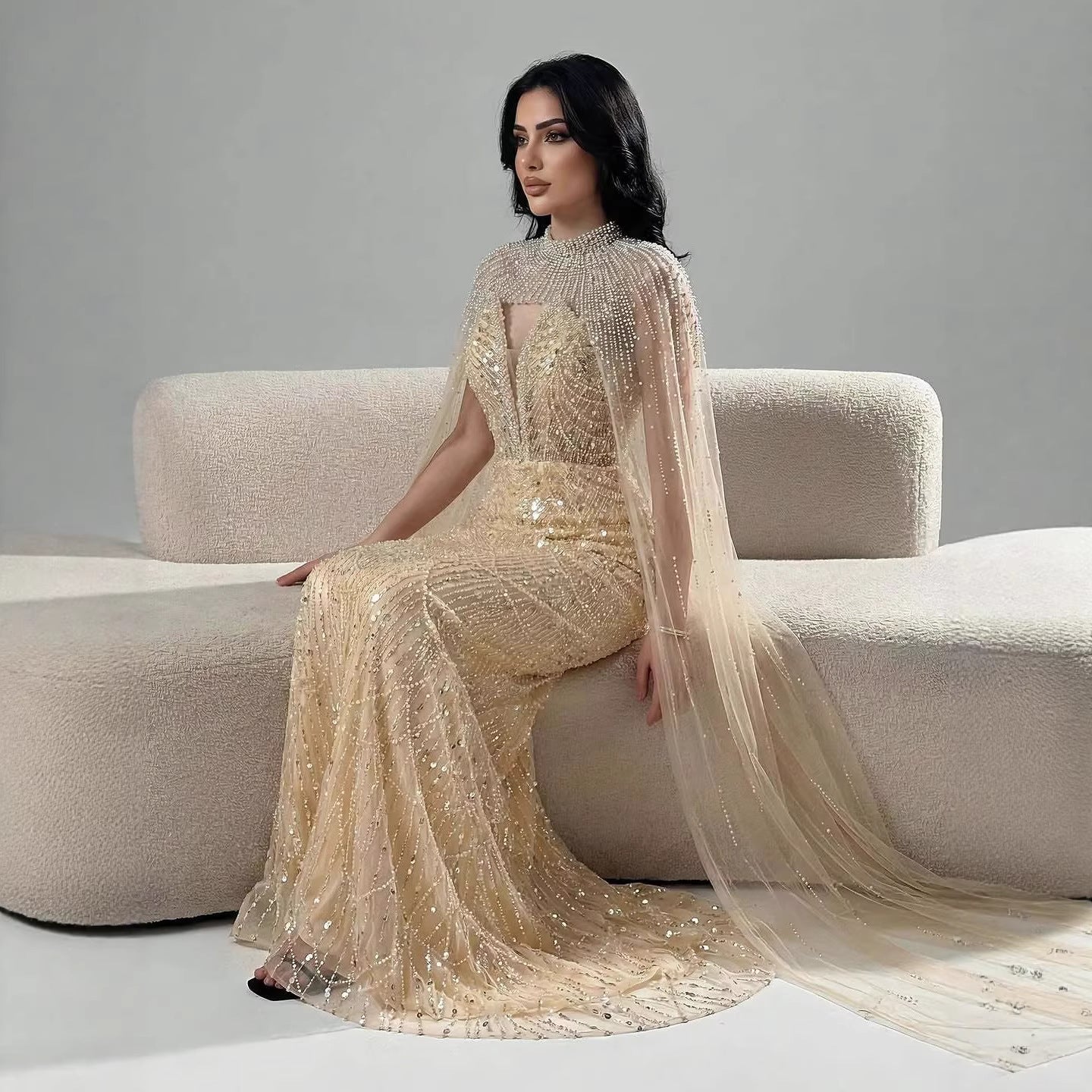 Luxury Evening Dress Nude Pearls Beaded Gown With Tulle Train LA72189A - SERENE  HILL