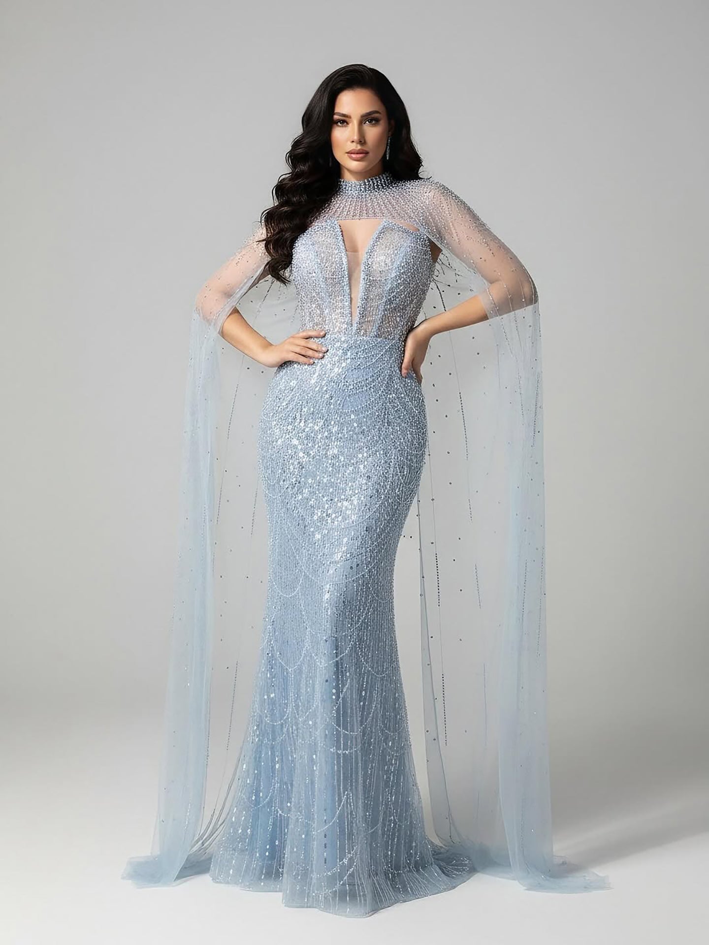Luxury Evening Dress Nude Pearls Beaded Gown With Tulle Train LA72189A - SERENE  HILL