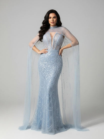Luxury Evening Dress Nude Pearls Beaded Gown With Tulle Train LA72189A - SERENE  HILL