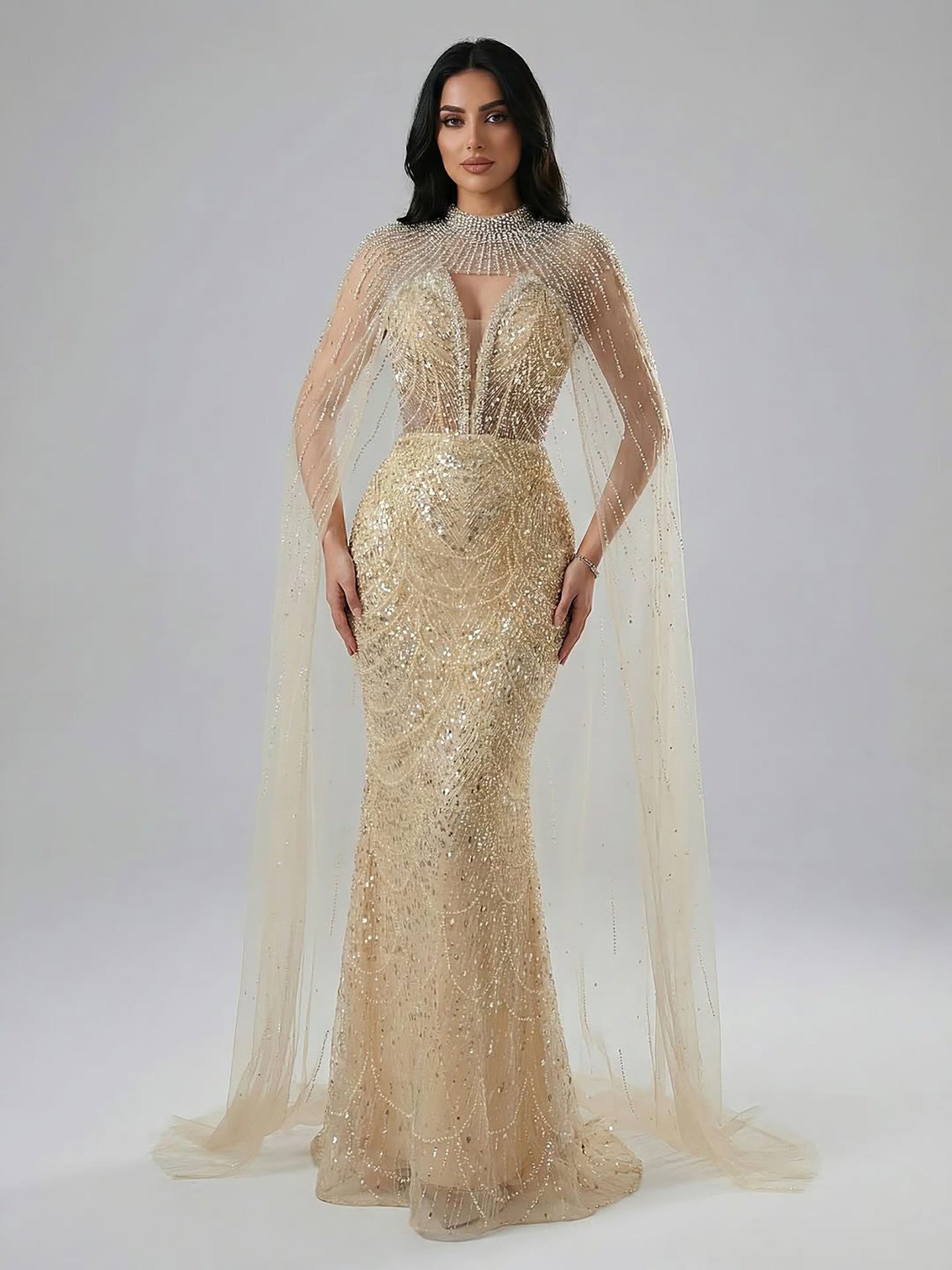 Luxury Evening Dress Nude Pearls Beaded Gown With Tulle Train LA72189A - SERENE  HILL