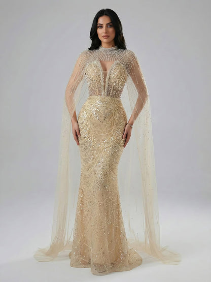 Luxury Evening Dress Nude Pearls Beaded Gown With Tulle Train LA72189A - SERENE  HILL