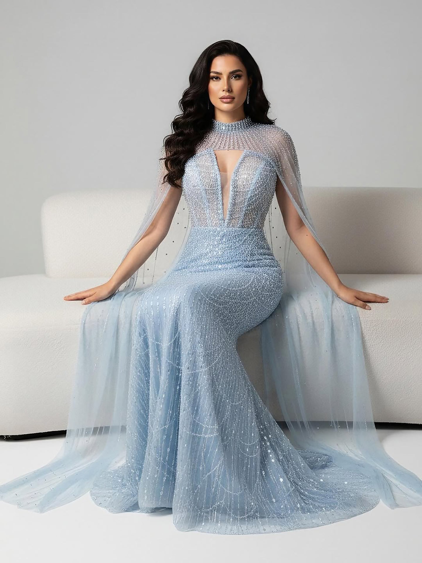 Luxury Evening Dress Nude Pearls Beaded Gown With Tulle Train LA72189A - SERENE  HILL