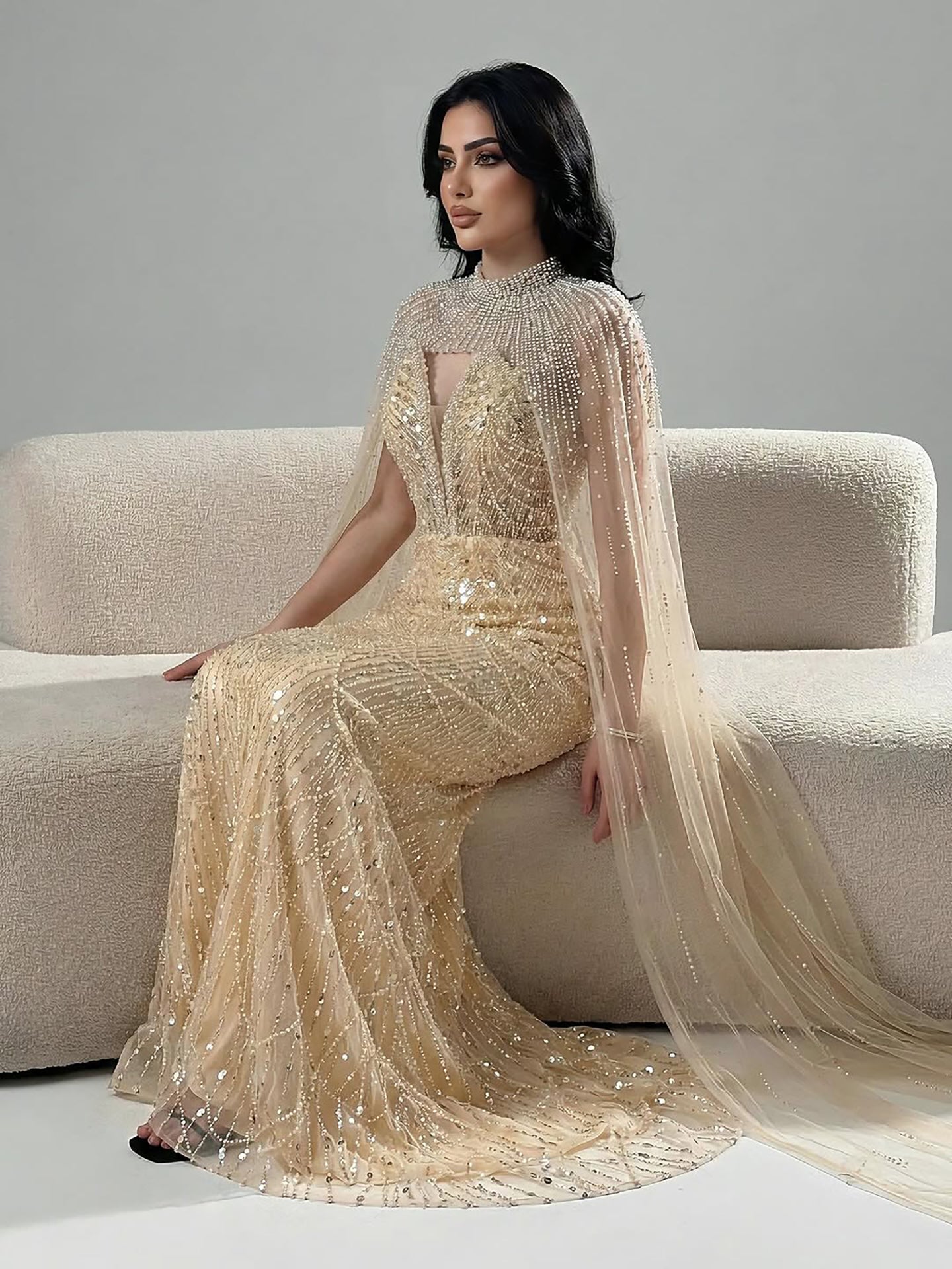 Luxury Evening Dress Nude Pearls Beaded Gown With Tulle Train LA72189A - SERENE  HILL