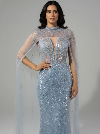 Luxury Evening Dress Nude Pearls Beaded Gown With Tulle Train LA72189A - SERENE  HILL