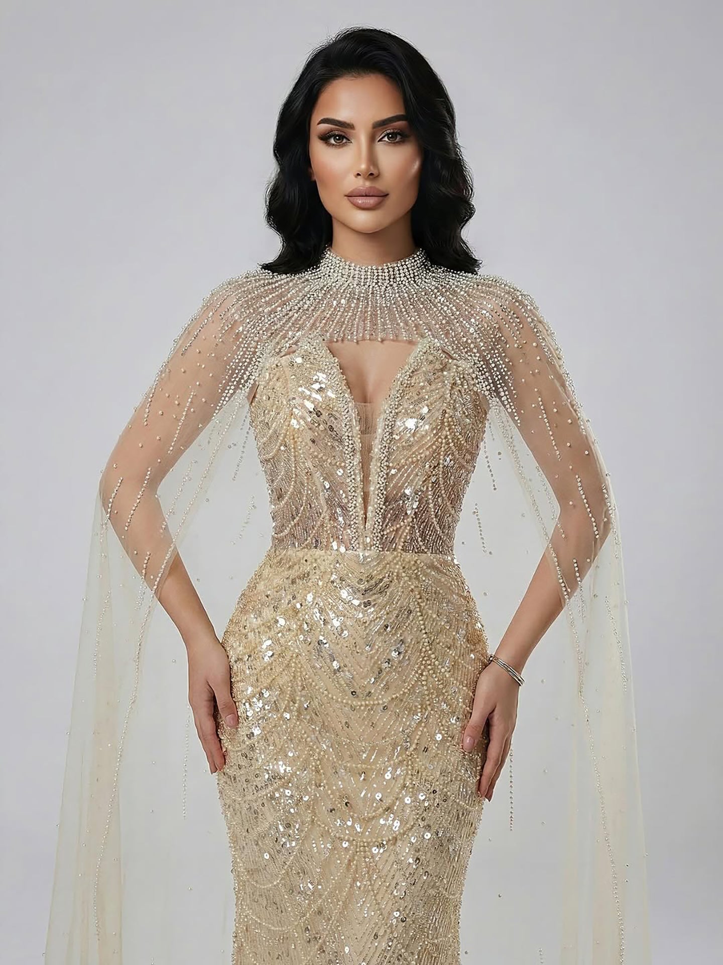 Luxury Evening Dress Nude Pearls Beaded Gown With Tulle Train LA72189A - SERENE  HILL