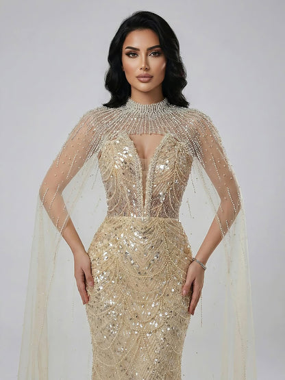 Luxury Evening Dress Nude Pearls Beaded Gown With Tulle Train LA72189A - SERENE  HILL