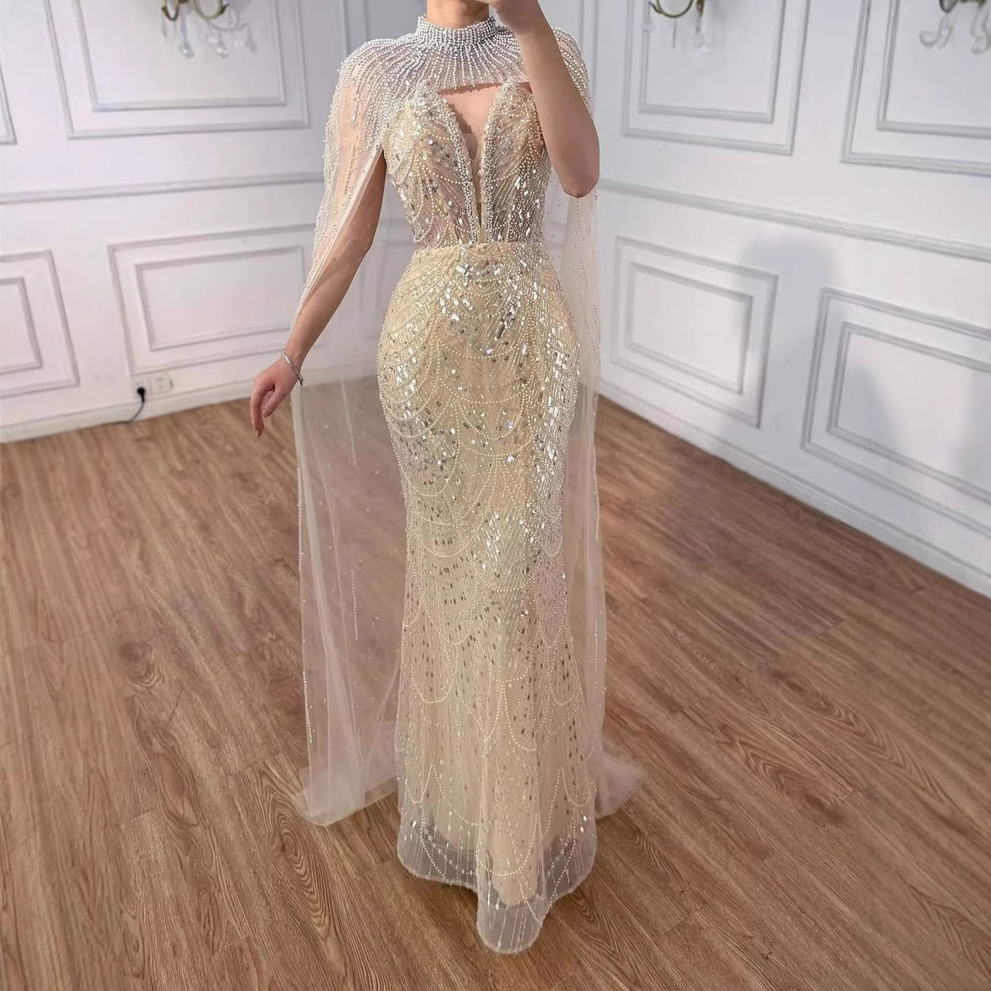 Luxury Evening Dress Nude Pearls Beaded Gown With Tulle Train LA72189A - SERENE  HILL