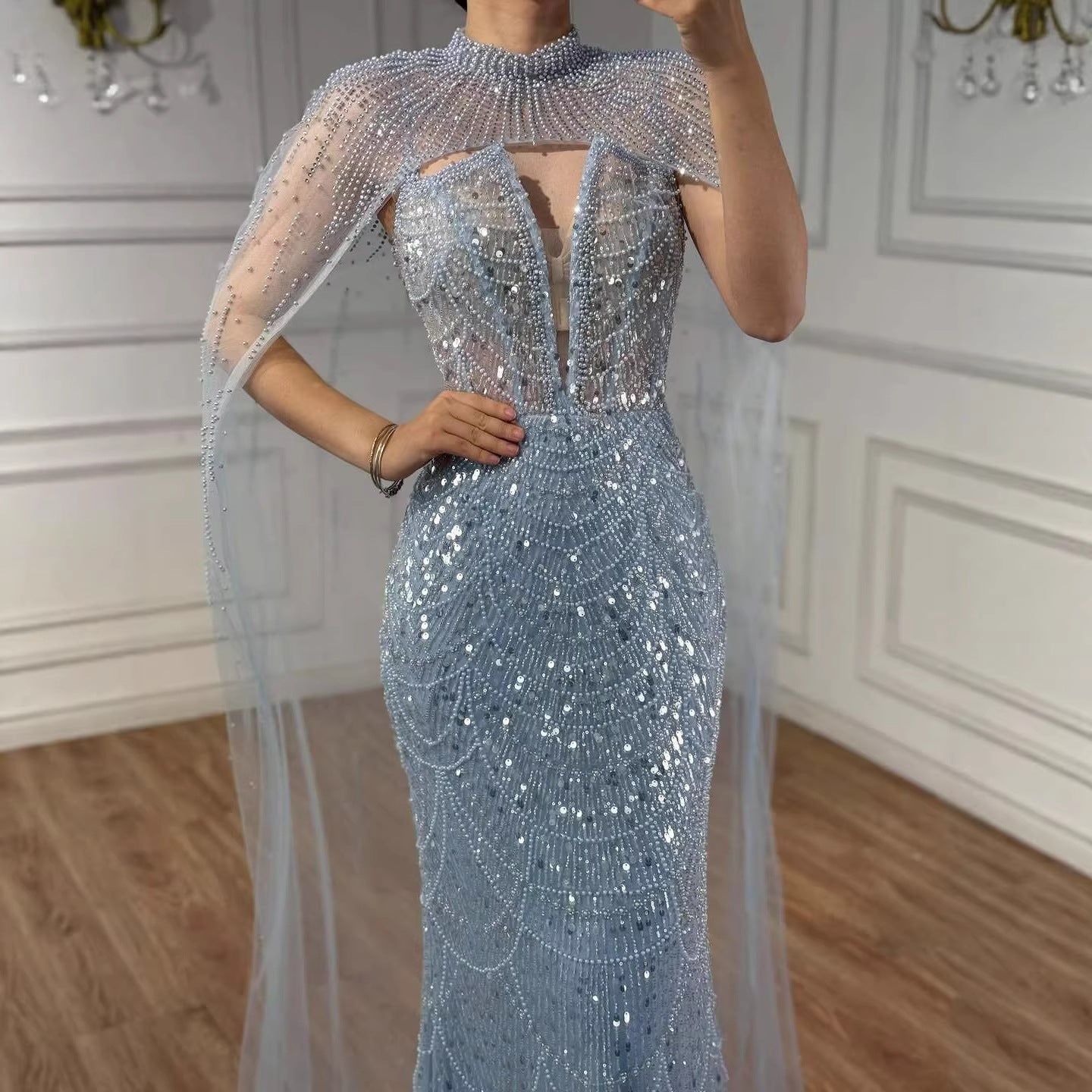 Luxury Evening Dress Nude Pearls Beaded Gown With Tulle Train LA72189A - SERENE  HILL