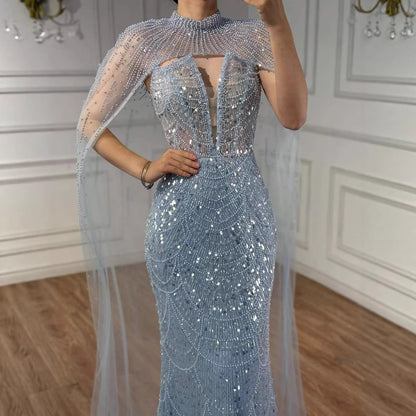 Luxury Evening Dress Nude Pearls Beaded Gown With Tulle Train LA72189A - SERENE  HILL
