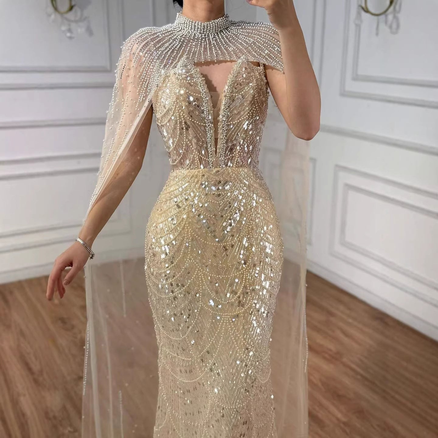Luxury Evening Dress Nude Pearls Beaded Gown With Tulle Train LA72189A - SERENE  HILL