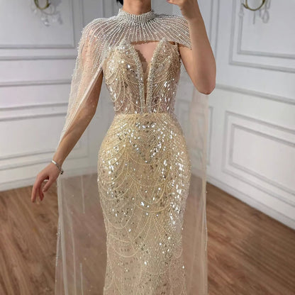 Luxury Evening Dress Nude Pearls Beaded Gown With Tulle Train LA72189A - SERENE  HILL