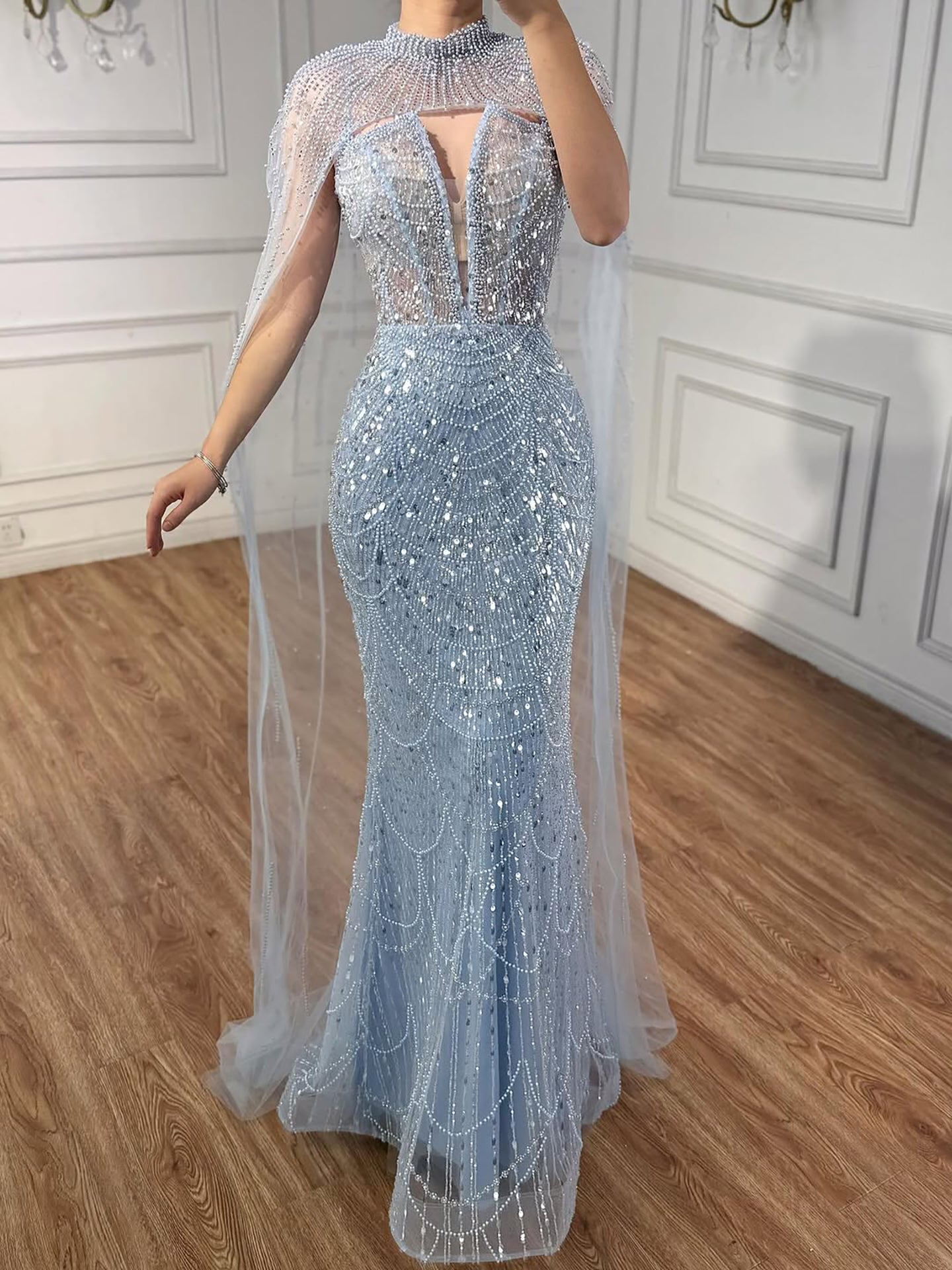 Luxury Evening Dress Nude Pearls Beaded Gown With Tulle Train LA72189A - SERENE  HILL