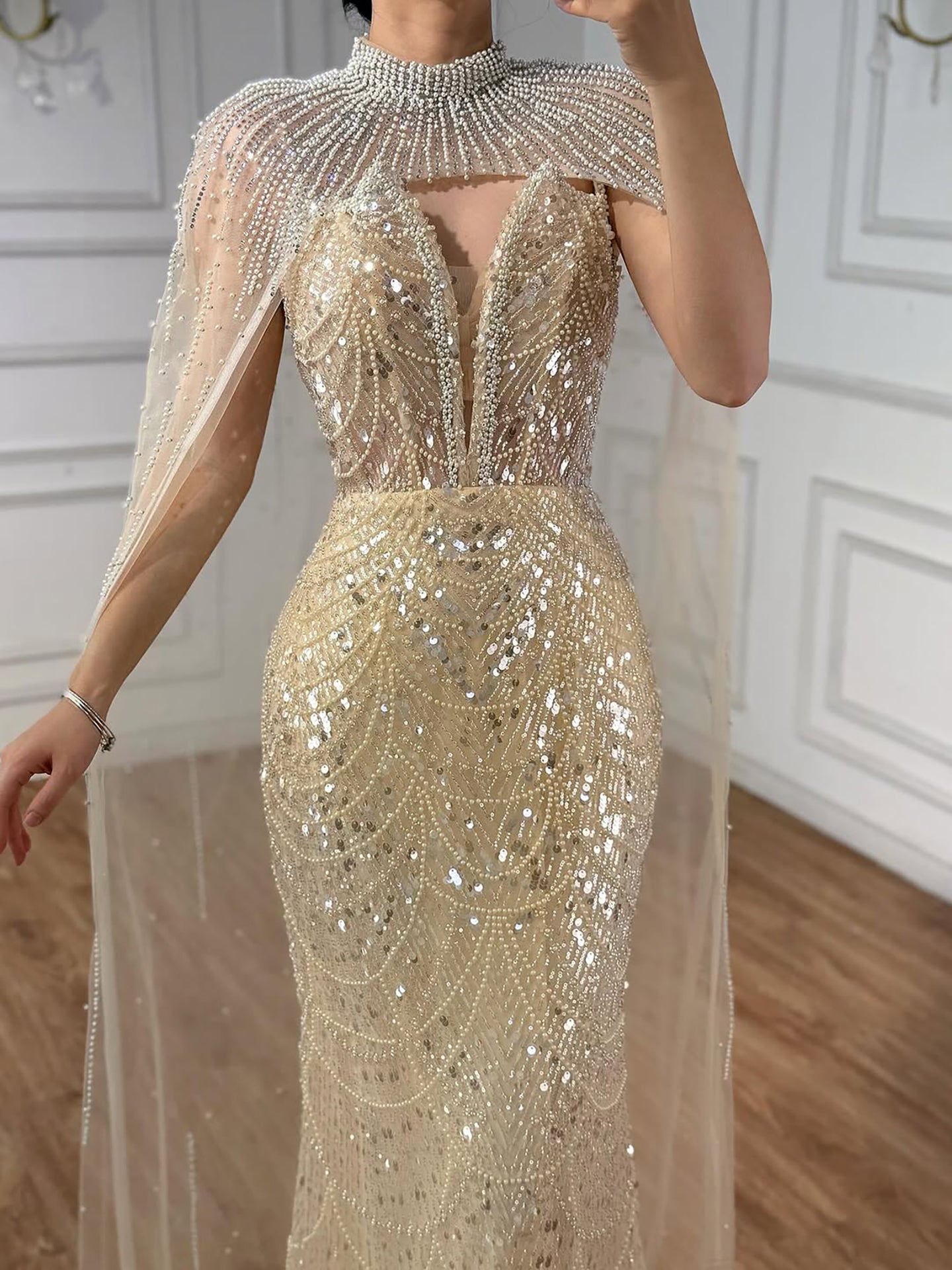 Luxury Evening Dress Nude Pearls Beaded Gown With Tulle Train LA72189A - SERENE  HILL