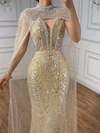 Luxury Evening Dress Nude Pearls Beaded Gown With Tulle Train LA72189A - SERENE  HILL
