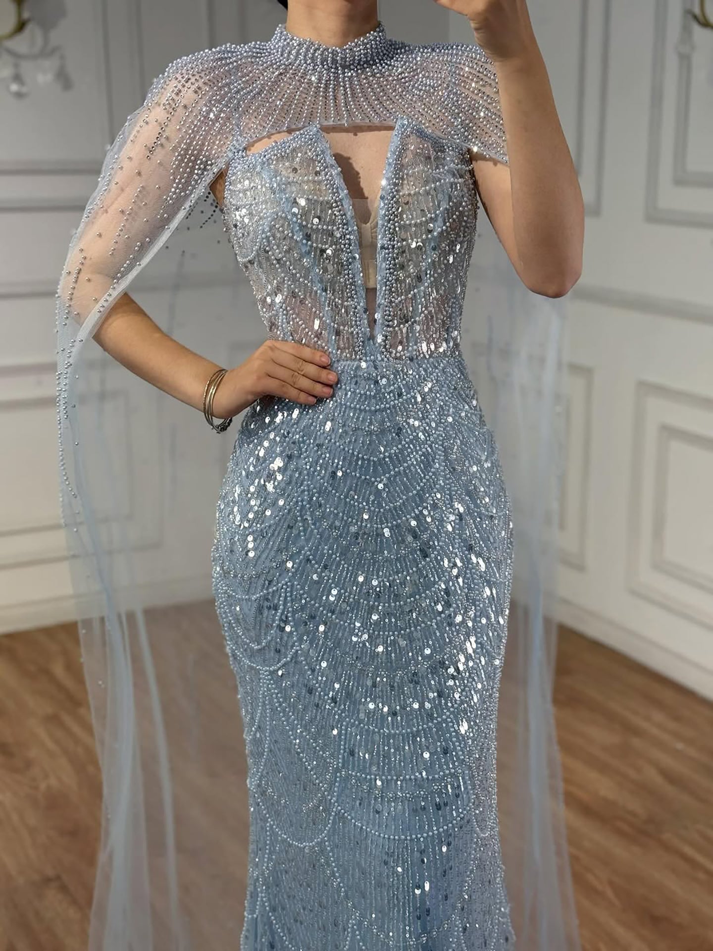 Luxury Evening Dress Nude Pearls Beaded Gown With Tulle Train LA72189A - SERENE  HILL