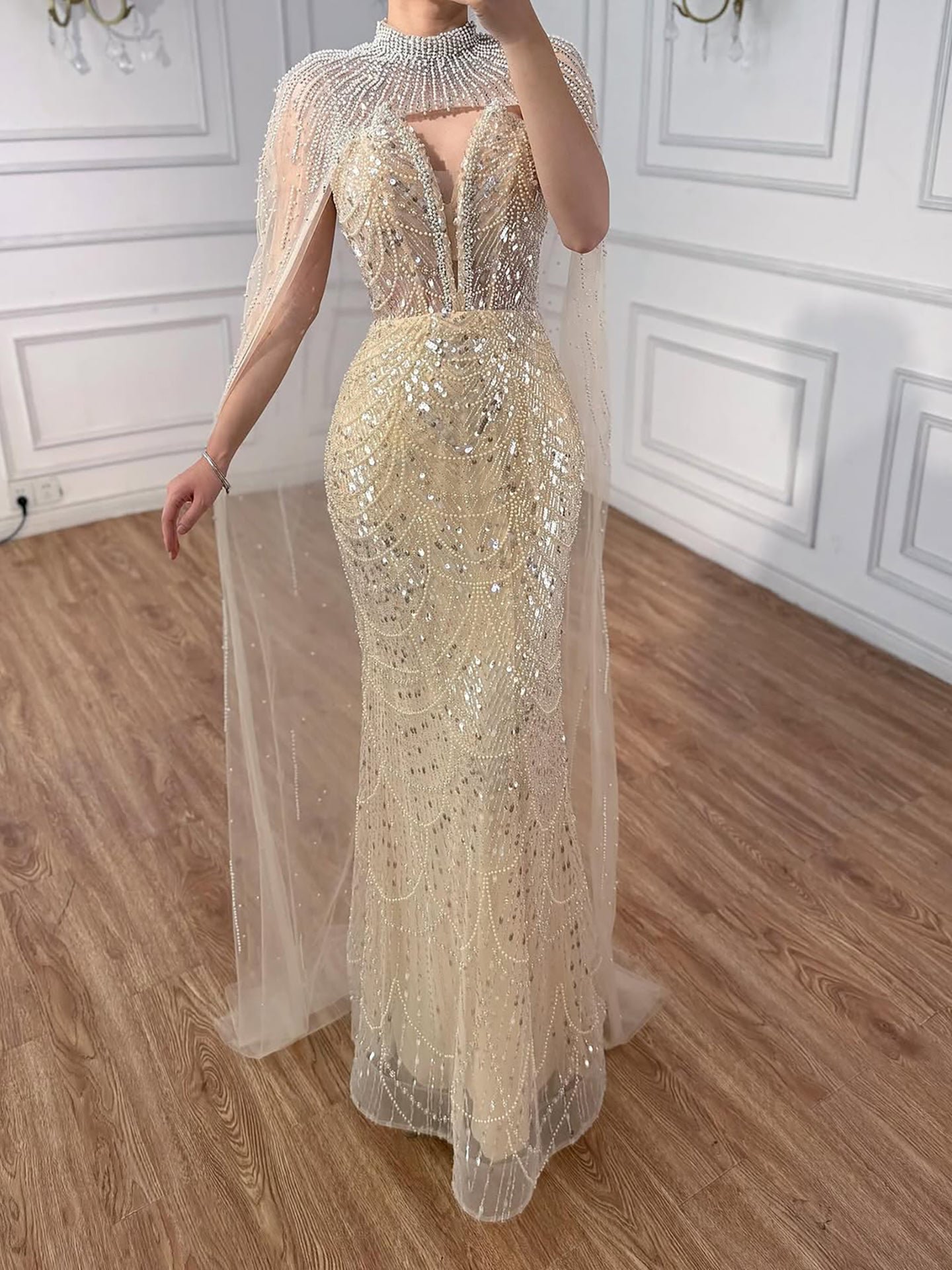 Luxury Evening Dress Nude Pearls Beaded Gown With Tulle Train LA72189A - SERENE  HILL