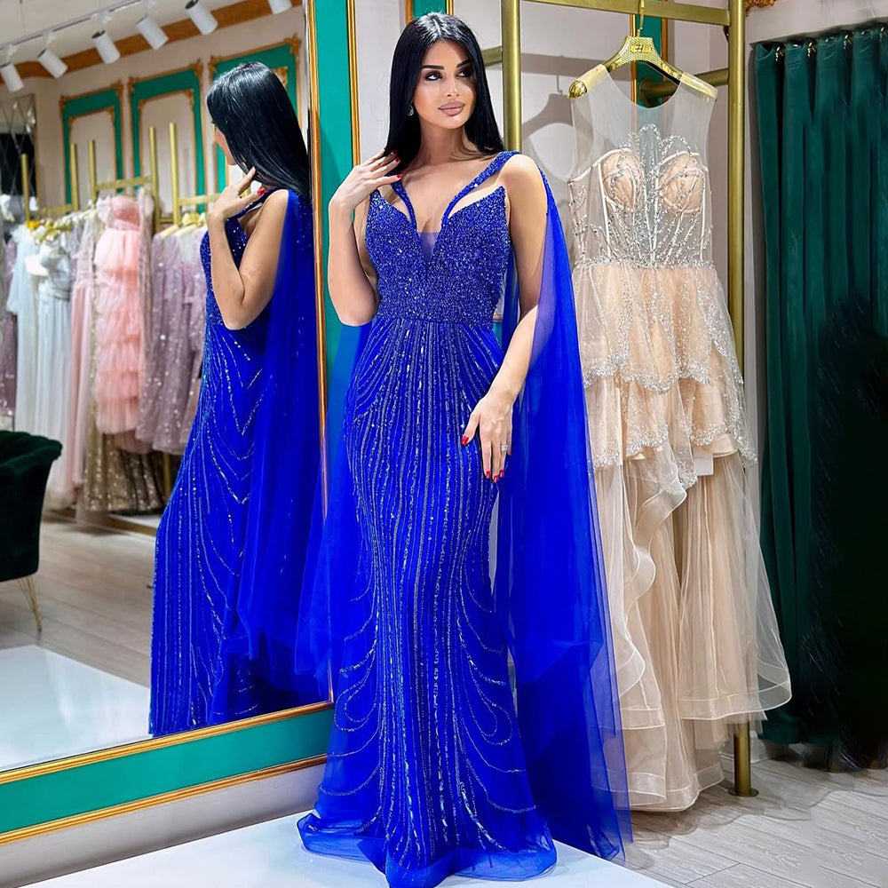 Luxury Royal Blue Mermaid Evening Dress with Cape LA72198 SERENE HILL