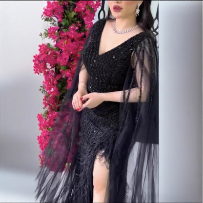 Luxury Black High Split Beaded Feathers Evening Dress with Cape Sleeves LA72216