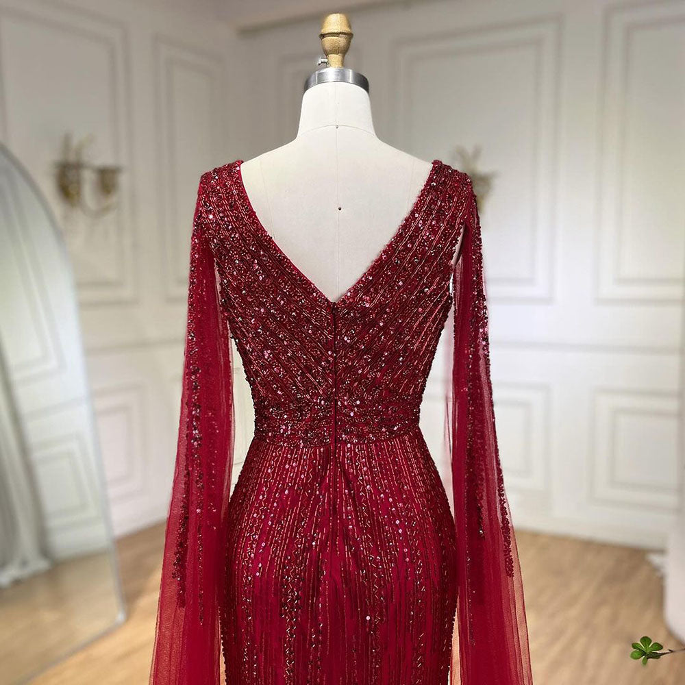 Luxury Black High Split Beaded Feathers Evening Dress with Cape Sleeves LA72216