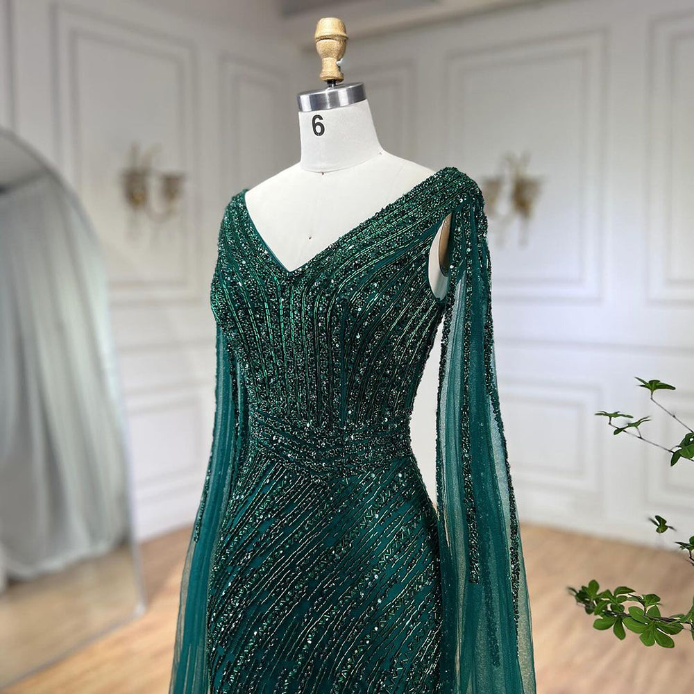 Luxury Black High Split Beaded Feathers Evening Dress with Cape Sleeves LA72216