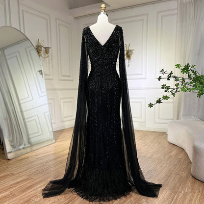 Luxury Black High Split Beaded Feathers Evening Dress with Cape Sleeves LA72216