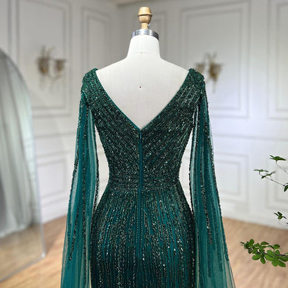 Luxury Black High Split Beaded Feathers Evening Dress with Cape Sleeves LA72216