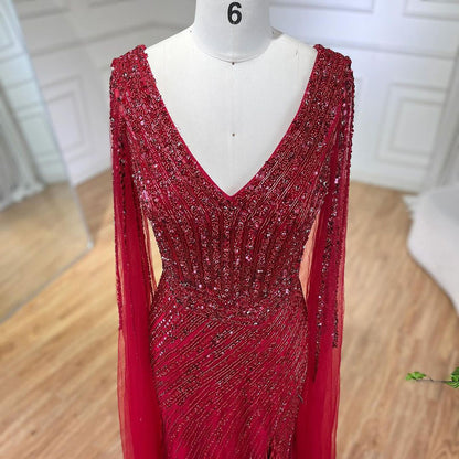 Luxury Black High Split Beaded Feathers Evening Dress with Cape Sleeves LA72216