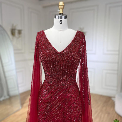 Luxury Black High Split Beaded Feathers Evening Dress with Cape Sleeves LA72216