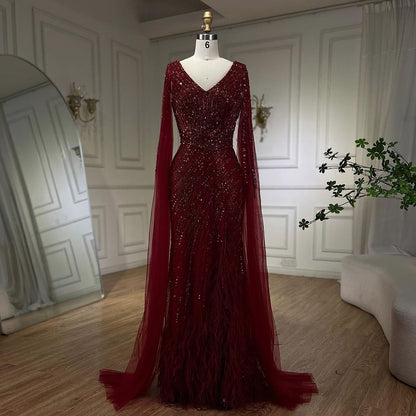 Luxury Black High Split Beaded Feathers Evening Dress with Cape Sleeves LA72216