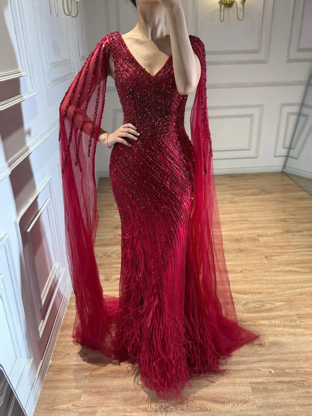 Luxury Black High Split Beaded Feathers Evening Dress with Cape Sleeves LA72216