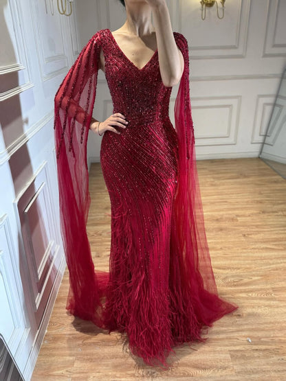 Luxury Black High Split Beaded Feathers Evening Dress with Cape Sleeves LA72216