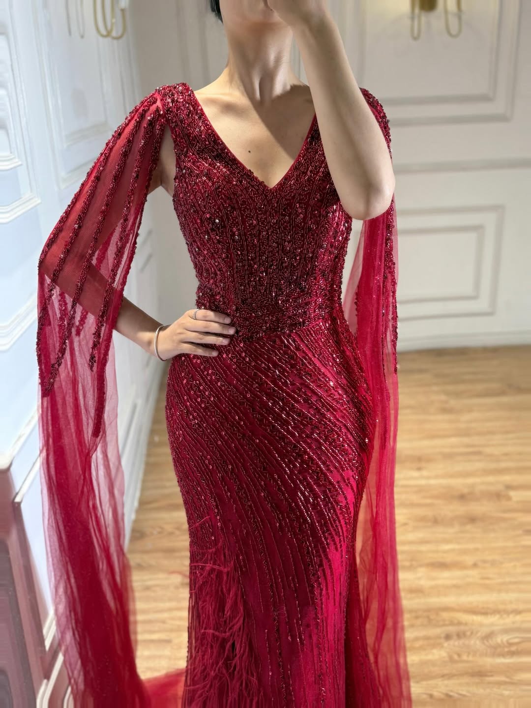 Luxury Black High Split Beaded Feathers Evening Dress with Cape Sleeves LA72216