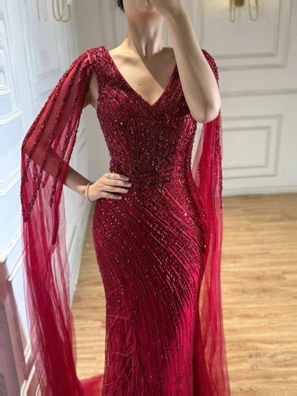 Luxury Black High Split Beaded Feathers Evening Dress with Cape Sleeves LA72216