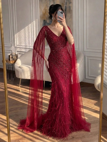 Luxury Black High Split Beaded Feathers Evening Dress with Cape Sleeves LA72216