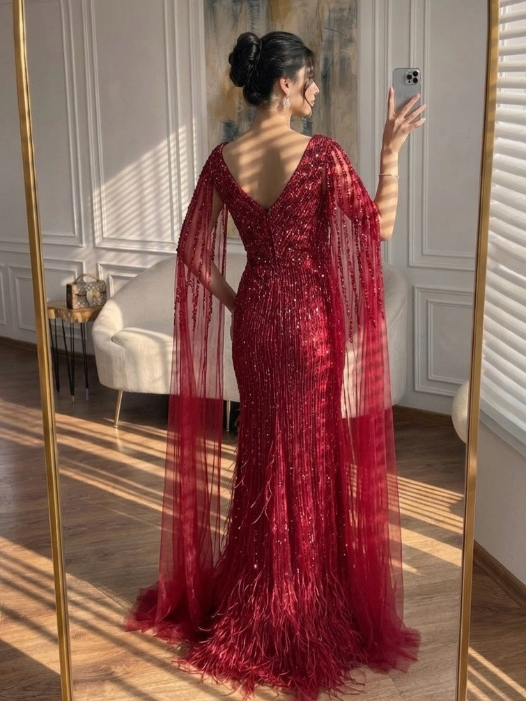 Luxury Black High Split Beaded Feathers Evening Dress with Cape Sleeves LA72216