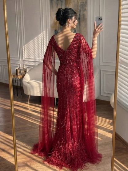 Luxury Black High Split Beaded Feathers Evening Dress with Cape Sleeves LA72216