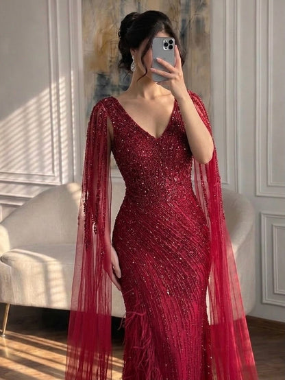 Luxury Black High Split Beaded Feathers Evening Dress with Cape Sleeves LA72216