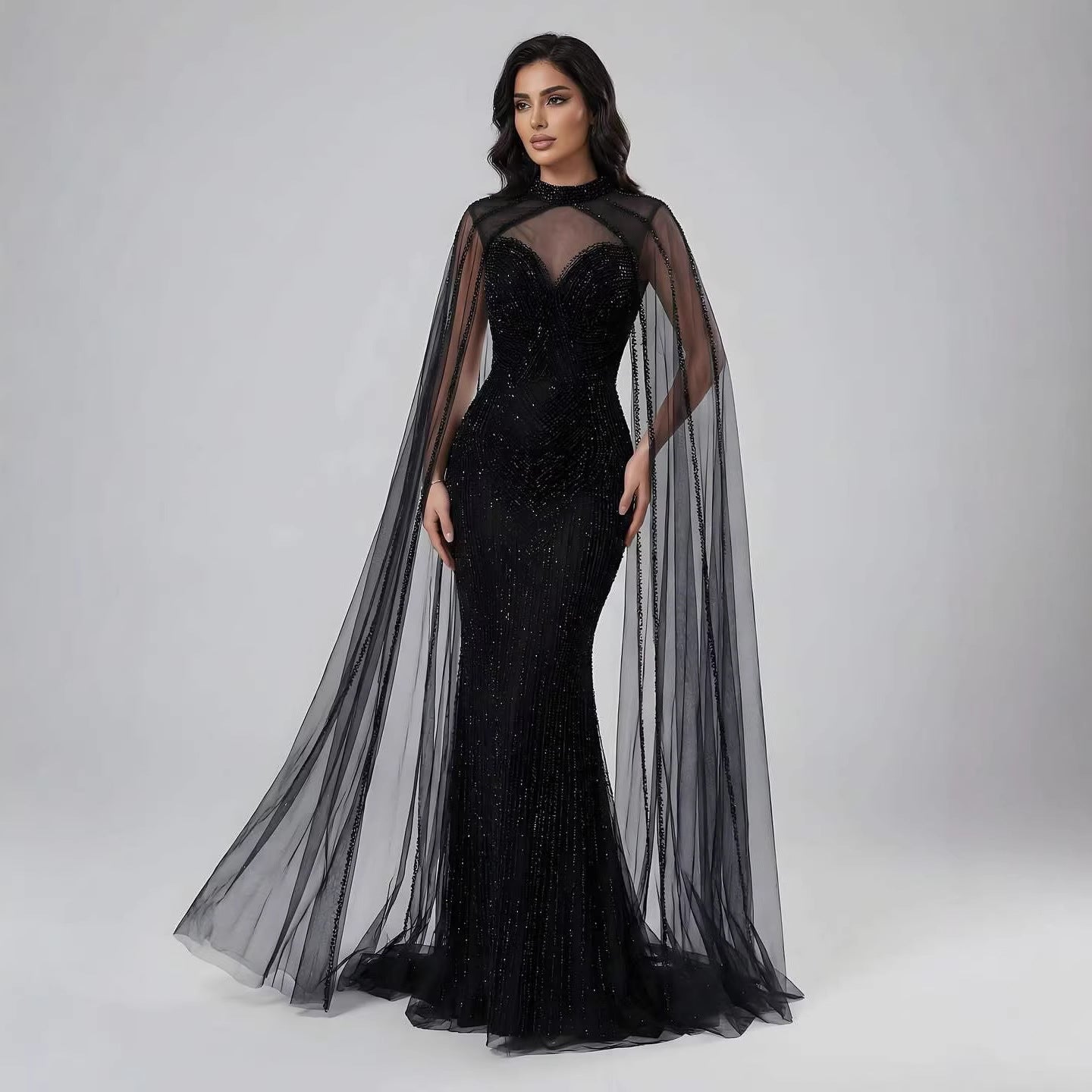 Luxury Caramel Beaded Mermaid Evening Dress with Cape Sleeves LA72233B