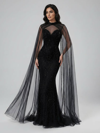 Luxury Caramel Beaded Mermaid Evening Dress with Cape Sleeves LA72233B