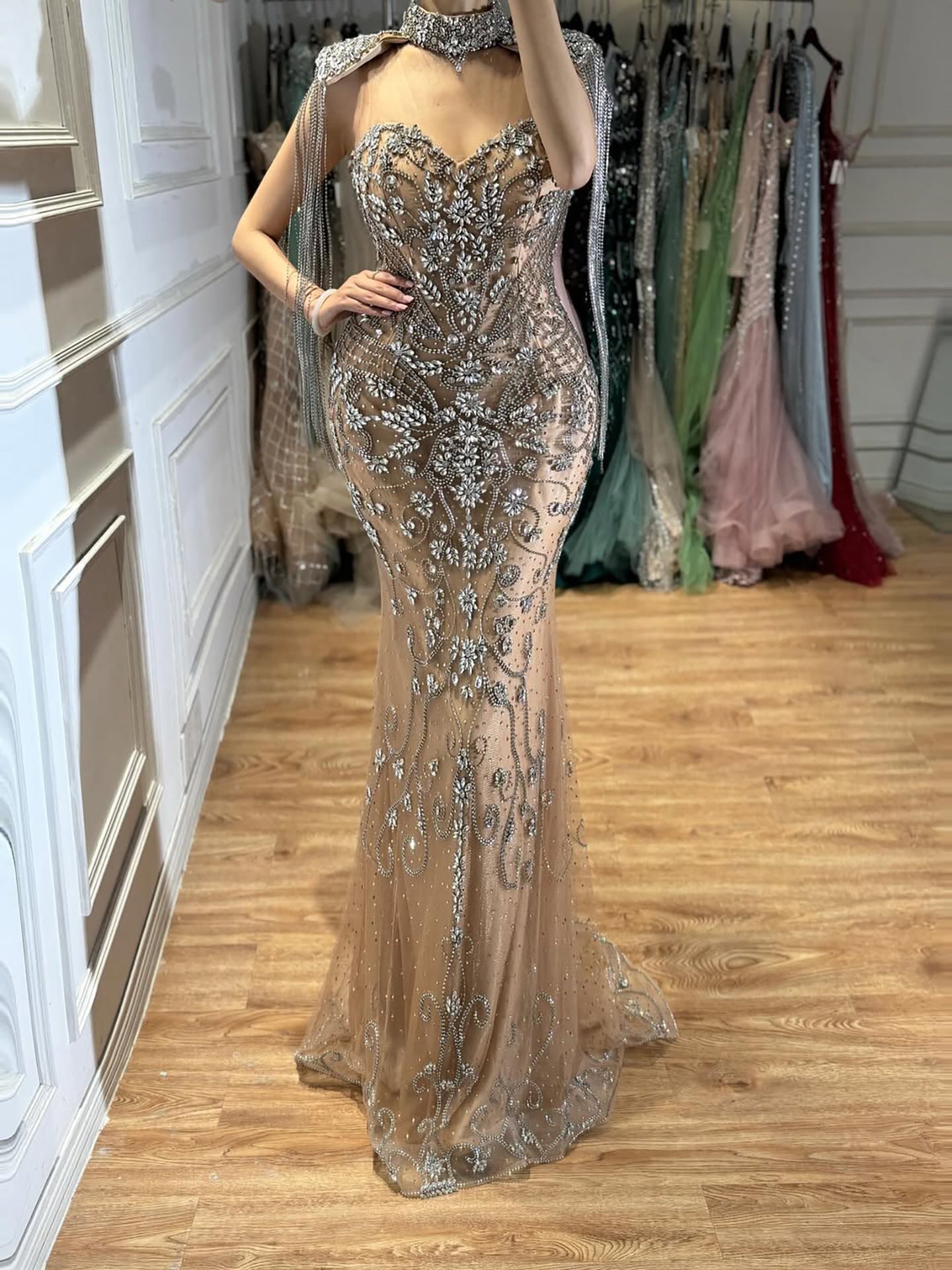 Luxury Dubai Caramel Mermaid Tassel Beaded Evening Dress LA72237A SERENE HILL