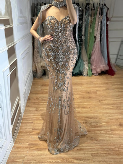 Luxury Dubai Caramel Mermaid Tassel Beaded Evening Dress LA72237A SERENE HILL