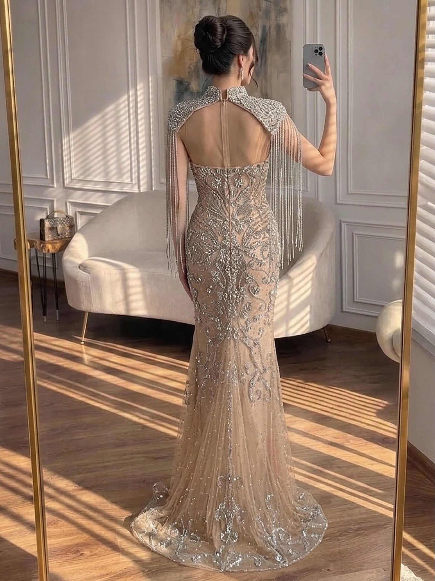 Luxury Dubai Caramel Mermaid Tassel Beaded Evening Dress LA72237A SERENE HILL