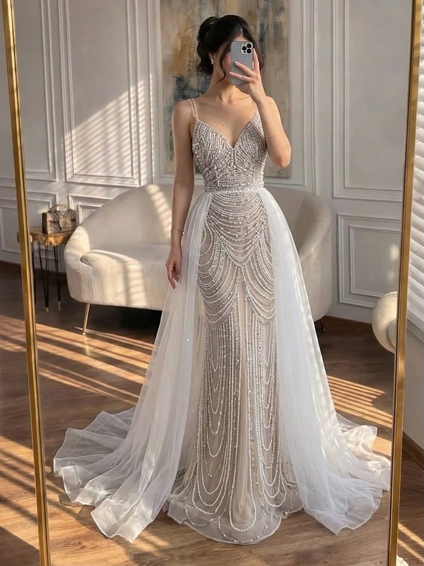 Nude Beaded Arabic Evening Gown with Spaghetti Straps LA72253A Nude / 12