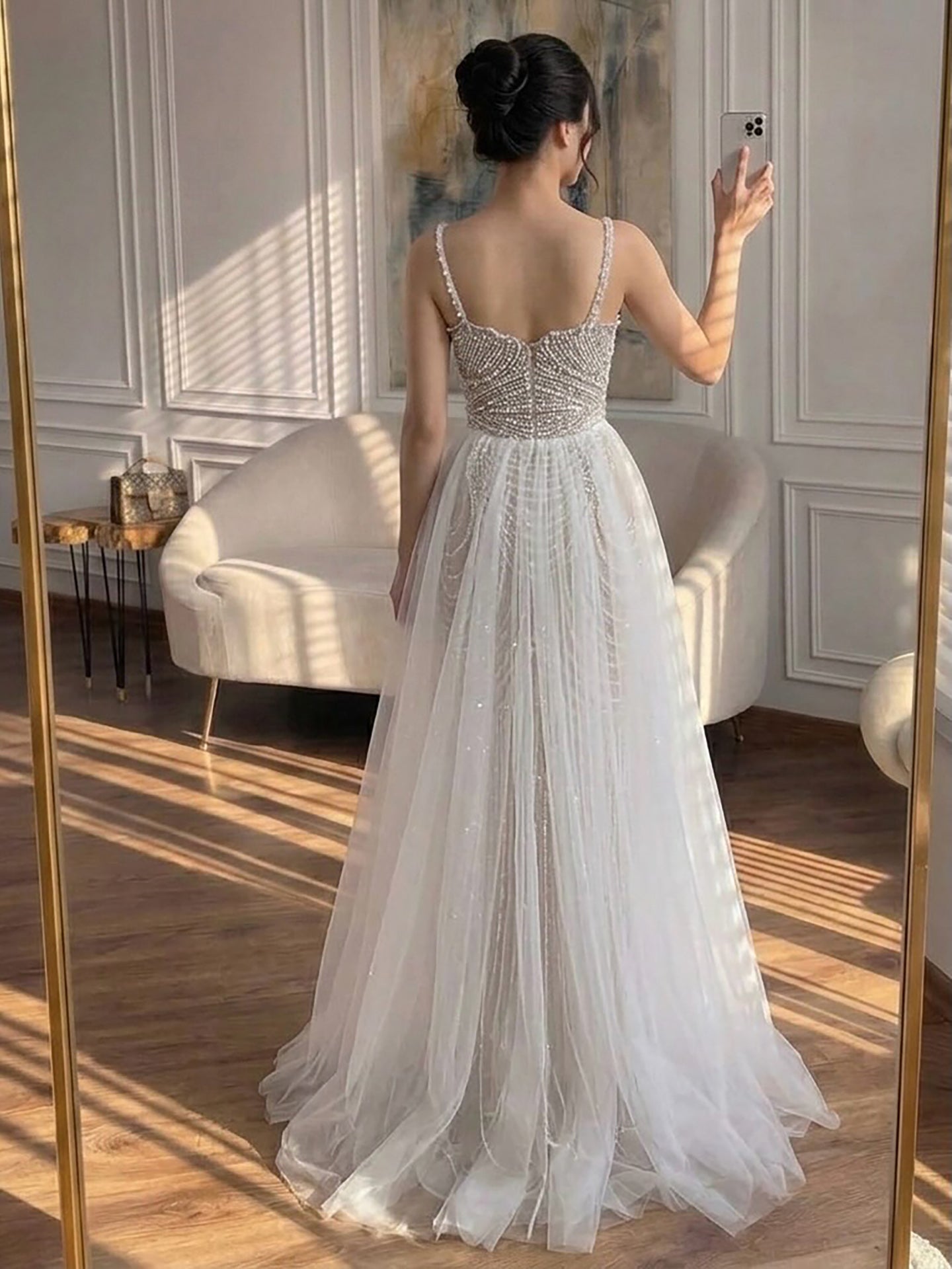 Nude Beaded Arabic Evening Gown with Spaghetti Straps LA72253A SERENE HILL