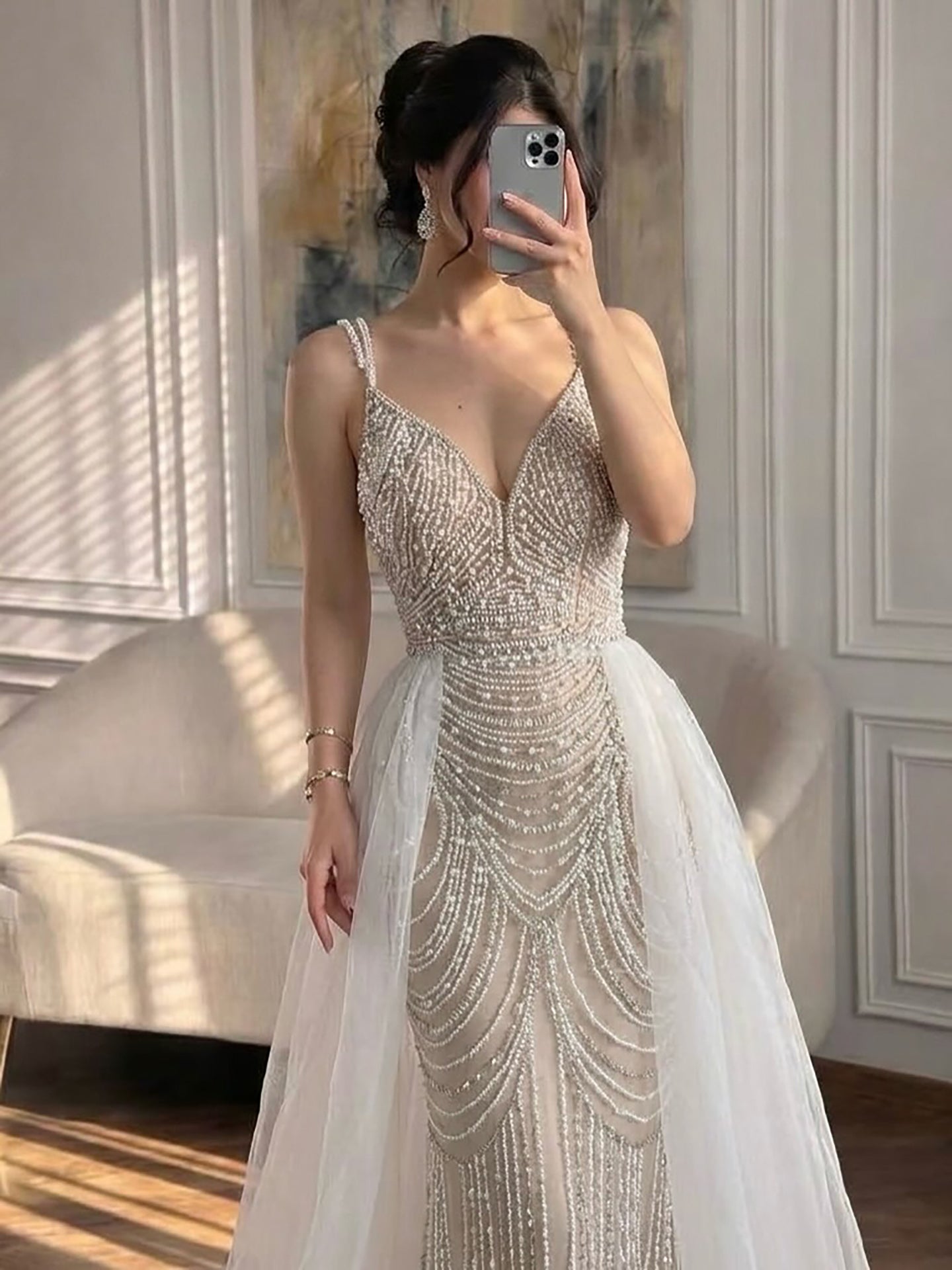 Nude Beaded Arabic Evening Gown with Spaghetti Straps LA72253A SERENE HILL