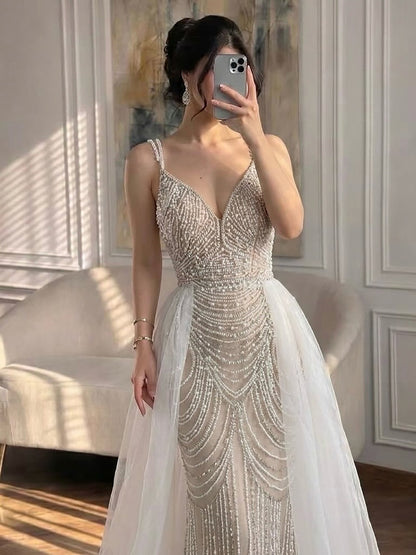 Nude Beaded Arabic Evening Gown with Spaghetti Straps LA72253A SERENE HILL