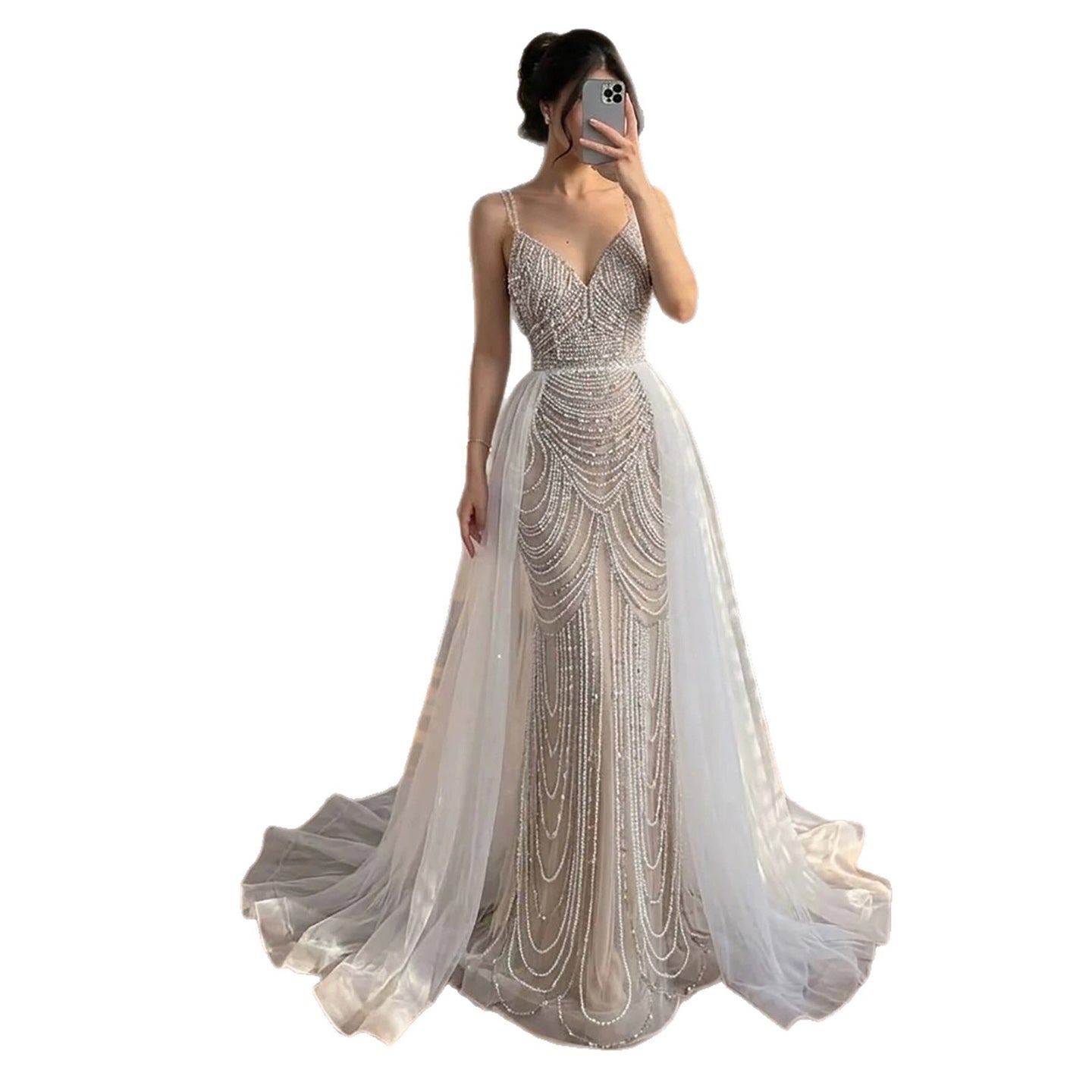Nude Beaded Arabic Evening Gown with Spaghetti Straps LA72253A SERENE HILL
