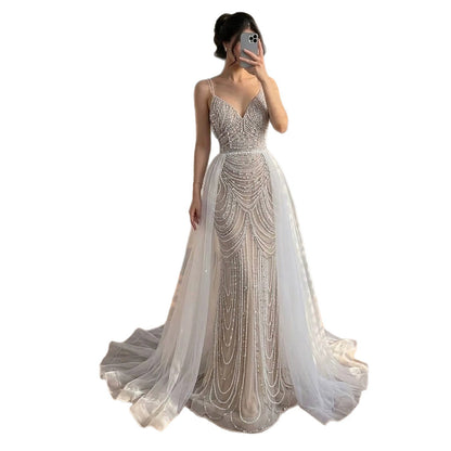 Nude Beaded Arabic Evening Gown with Spaghetti Straps LA72253A SERENE HILL