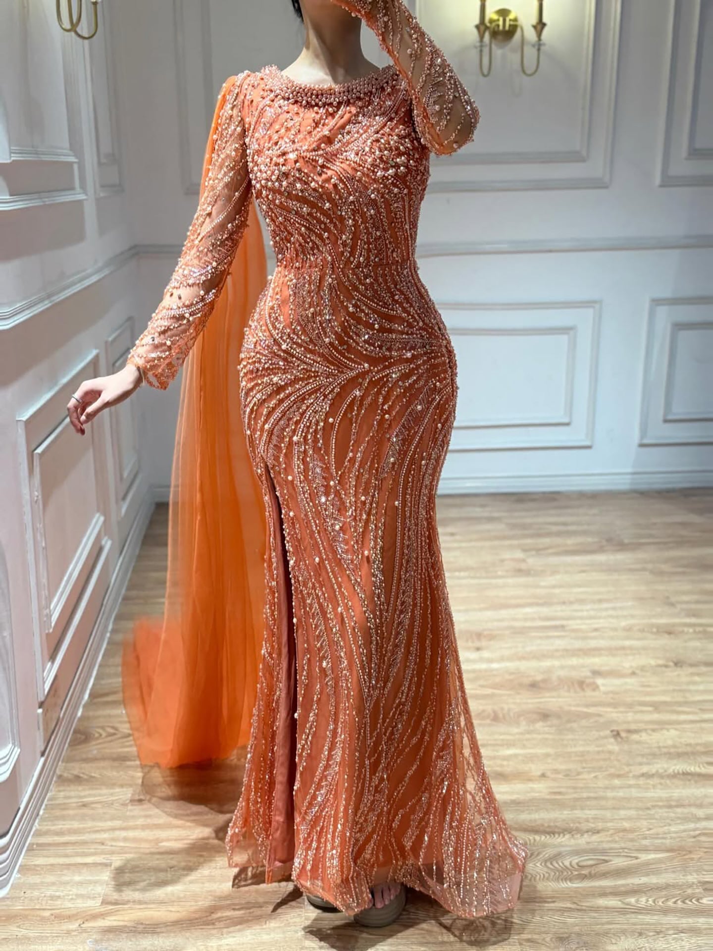 uxury Orange Beaded Pearl Mermaid Evening Dress With Cloak Split LA72268A